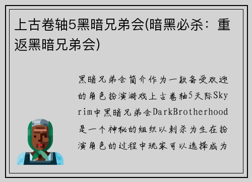 上古卷轴5黑暗兄弟会(暗黑必杀：重返黑暗兄弟会)